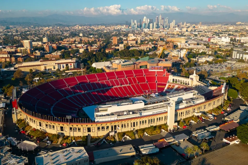 Aerial view of Los Angeles Memorial Coliseum stadium in Los Angeles, California.